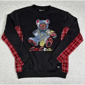 Bleeker & Mercer Sweatshirt Mens Medium Black Red Plaid Bear Extra Graphic